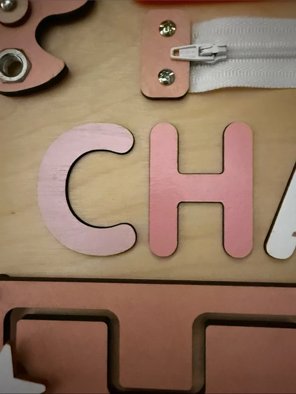 Wooden Activity Board for Girls- Personalized Pink and Natural for Charlie